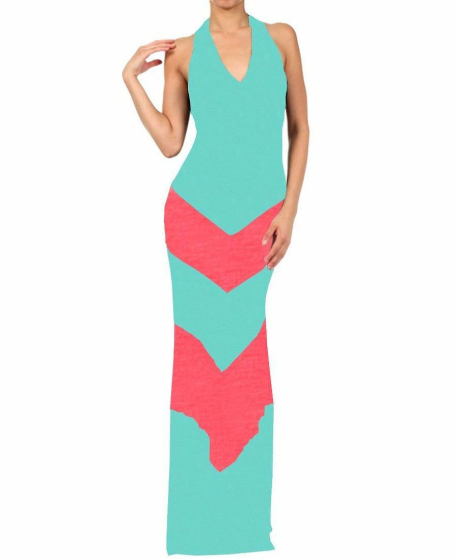 Regular Size * | Zoozie La Halter Top Maxi Dress Chevron Mint Coral