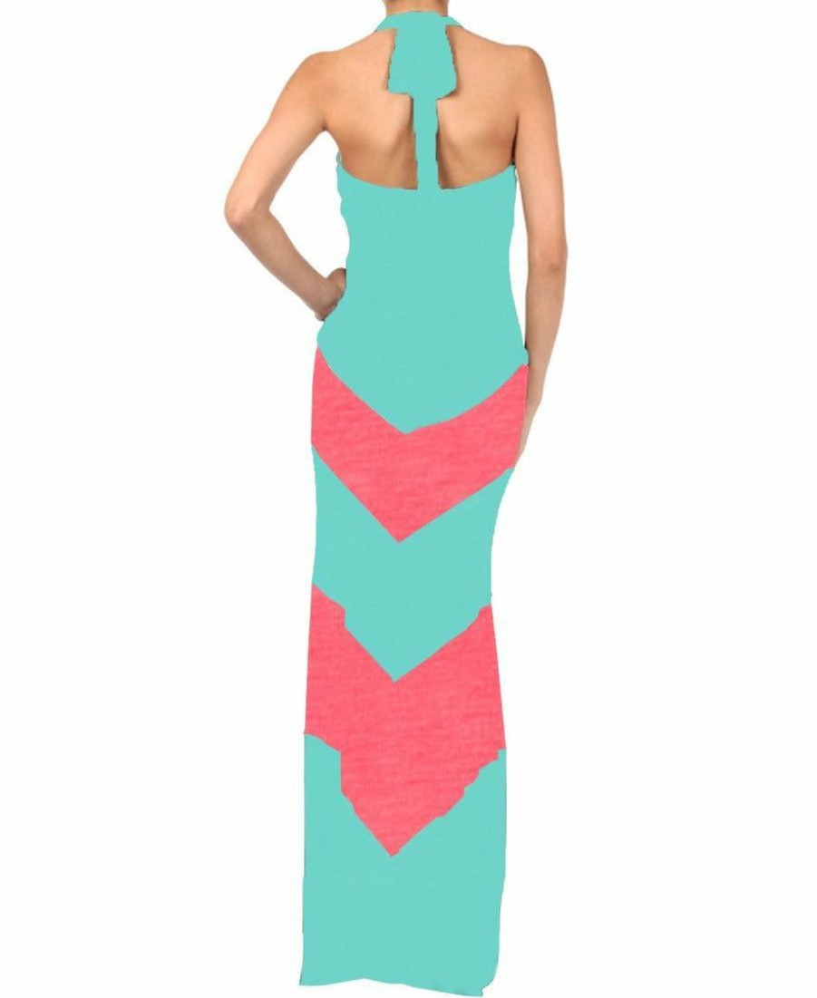 Regular Size * | Zoozie La Halter Top Maxi Dress Chevron Mint Coral